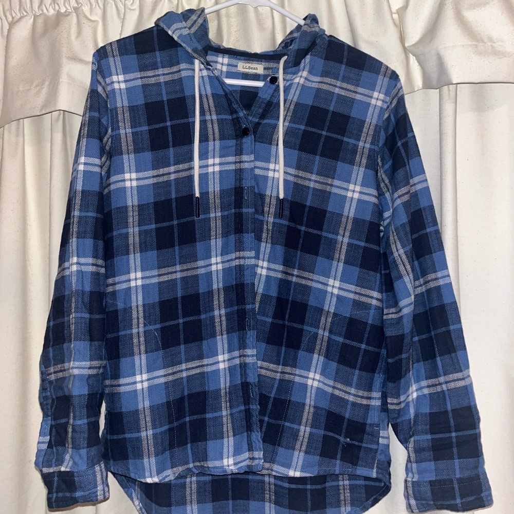 LL BeanBlue Plaid Hooded Shirt medium